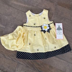 RARE EDITIONS 6-9 month Seersucker Bumble Bee Dress & Bloomer set